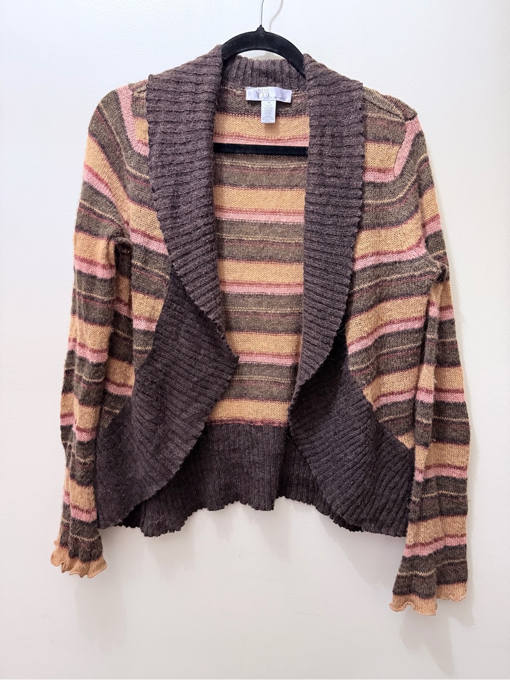 Y2K Striped Ribbed Knit Open Front Ruffle Sweater Cardgian Mohair Earthy Boho M